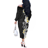 Black Samoa Tattoo Off The Shoulder Long Sleeve Dress Plumeria Samoan Ocean Tatau Pattern - Polynesian Pride