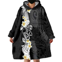 Black Samoa Tattoo Wearable Blanket Hoodie Plumeria Samoan Ocean Tatau Pattern - Polynesian Pride
