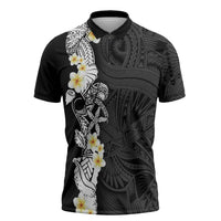 Black Samoa Tattoo Zipper Polo Shirt Plumeria Samoan Ocean Tatau Pattern - Polynesian Pride