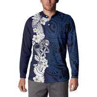Blue Samoa Tattoo Button Sweatshirt Plumeria Samoan Ocean Tatau Pattern - Polynesian Pride