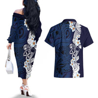 Blue Samoa Tattoo Couples Matching Off The Shoulder Long Sleeve Dress and Hawaiian Shirt Plumeria Samoan Ocean Tatau Pattern LT14 - Polynesian Pride