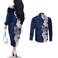 Blue Samoa Tattoo Couples Matching Off The Shoulder Long Sleeve Dress and Long Sleeve Button Shirt Plumeria Samoan Ocean Tatau Pattern - Polynesian Pride
