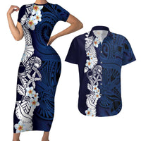Blue Samoa Tattoo Couples Matching Short Sleeve Bodycon Dress and Hawaiian Shirt Plumeria Samoan Ocean Tatau Pattern - Polynesian Pride