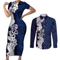 Blue Samoa Tattoo Couples Matching Short Sleeve Bodycon Dress and Long Sleeve Button Shirt Plumeria Samoan Ocean Tatau Pattern LT14 Blue - Polynesian Pride