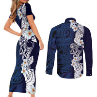 Blue Samoa Tattoo Couples Matching Short Sleeve Bodycon Dress and Long Sleeve Button Shirt Plumeria Samoan Ocean Tatau Pattern - Polynesian Pride