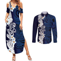 Blue Samoa Tattoo Couples Matching Summer Maxi Dress and Long Sleeve Button Shirt Plumeria Samoan Ocean Tatau Pattern - Polynesian Pride