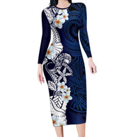 Blue Samoa Tattoo Family Matching Long Sleeve Bodycon Dress and Hawaiian Shirt Plumeria Samoan Ocean Tatau Pattern - Polynesian Pride