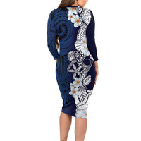 Blue Samoa Tattoo Family Matching Long Sleeve Bodycon Dress and Hawaiian Shirt Plumeria Samoan Ocean Tatau Pattern - Polynesian Pride