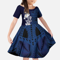 Blue Samoa Tattoo Family Matching Off Shoulder Maxi Dress and Hawaiian Shirt Plumeria Samoan Ocean Tatau Pattern LT14 Daughter's Dress Blue - Polynesian Pride