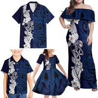Blue Samoa Tattoo Family Matching Off Shoulder Maxi Dress and Hawaiian Shirt Plumeria Samoan Ocean Tatau Pattern LT14 - Polynesian Pride