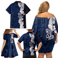 Blue Samoa Tattoo Family Matching Off Shoulder Short Dress and Hawaiian Shirt Plumeria Samoan Ocean Tatau Pattern - Polynesian Pride