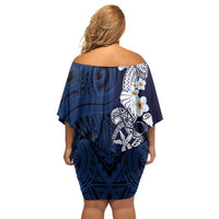 Blue Samoa Tattoo Family Matching Off Shoulder Short Dress and Hawaiian Shirt Plumeria Samoan Ocean Tatau Pattern - Polynesian Pride