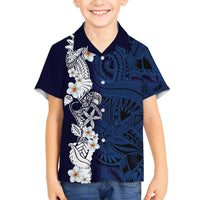 Blue Samoa Tattoo Family Matching Off Shoulder Short Dress and Hawaiian Shirt Plumeria Samoan Ocean Tatau Pattern - Polynesian Pride