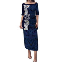 Blue Samoa Tattoo Family Matching Puletasi and Hawaiian Shirt Plumeria Samoan Ocean Tatau Pattern LT14 Mom's Dress Blue - Polynesian Pride