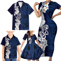 Blue Samoa Tattoo Family Matching Short Sleeve Bodycon Dress and Hawaiian Shirt Plumeria Samoan Ocean Tatau Pattern LT14 - Polynesian Pride