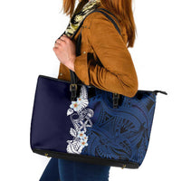 Blue Samoa Tattoo Leather Tote Bag Plumeria Samoan Ocean Tatau Pattern - Polynesian Pride