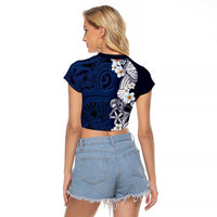 Blue Samoa Tattoo Raglan Cropped T Shirt Plumeria Samoan Ocean Tatau Pattern - Polynesian Pride