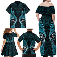 Aotearoa Pounamu Niho Family Matching Off Shoulder Maxi Dress and Hawaiian Shirt Silver Fern Mix Maori Pattern - Turquoise LT14 - Polynesian Pride