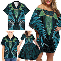 Aotearoa Pounamu Niho Family Matching Off Shoulder Short Dress and Hawaiian Shirt Silver Fern Mix Maori Pattern - Turquoise LT14 - Polynesian Pride
