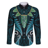 Aotearoa Pounamu Niho Family Matching Off Shoulder Short Dress and Hawaiian Shirt Silver Fern Mix Maori Pattern - Turquoise LT14 Dad's Shirt - Long Sleeve Turquoise - Polynesian Pride