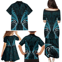 Aotearoa Pounamu Niho Family Matching Puletasi and Hawaiian Shirt Silver Fern Mix Maori Pattern - Turquoise LT14 - Polynesian Pride