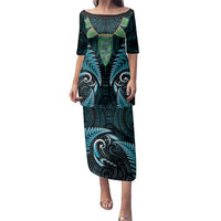 Aotearoa Pounamu Niho Family Matching Puletasi and Hawaiian Shirt Silver Fern Mix Maori Pattern - Turquoise LT14 Mom's Dress Turquoise - Polynesian Pride