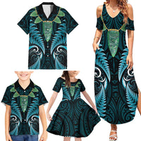 Aotearoa Pounamu Niho Family Matching Summer Maxi Dress and Hawaiian Shirt Silver Fern Mix Maori Pattern - Turquoise LT14 - Polynesian Pride