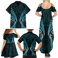 Aotearoa Pounamu Niho Family Matching Summer Maxi Dress and Hawaiian Shirt Silver Fern Mix Maori Pattern - Turquoise LT14 - Polynesian Pride