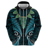 Aotearoa Pounamu Niho Zip Hoodie Silver Fern Mix Maori Pattern - Turquoise