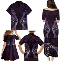 Aotearoa Pounamu Niho Family Matching Puletasi and Hawaiian Shirt Silver Fern Mix Maori Pattern - Purple LT14 - Polynesian Pride