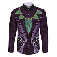 Aotearoa Pounamu Niho Family Matching Puletasi and Hawaiian Shirt Silver Fern Mix Maori Pattern - Purple LT14 Dad's Shirt - Long Sleeve Purple - Polynesian Pride