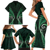 Aotearoa Pounamu Niho Family Matching Short Sleeve Bodycon Dress and Hawaiian Shirt Silver Fern Mix Maori Pattern - Green LT14 - Polynesian Pride