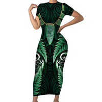 Aotearoa Pounamu Niho Family Matching Short Sleeve Bodycon Dress and Hawaiian Shirt Silver Fern Mix Maori Pattern - Green LT14 Mom's Dress Green - Polynesian Pride