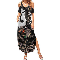 Aotearoa Hei Matau Family Matching Summer Maxi Dress and Hawaiian Shirt Haka Kiwi Mix Maori Mangopare LT14 Mom's Dress Black - Polynesian Pride