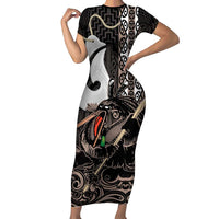 Aotearoa Hei Matau Short Sleeve Bodycon Dress Haka Kiwi Mix Maori Mangopare LT14 Long Dress Black - Polynesian Pride