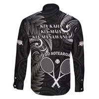 New Zealand Tiki Tennis Family Matching Long Sleeve Bodycon Dress and Hawaiian Shirt 2024 Aotearoa Tenehi Maori Silver Fern - Black LT14 - Polynesian Pride