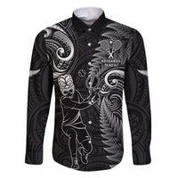 New Zealand Tiki Tennis Family Matching Off Shoulder Maxi Dress and Hawaiian Shirt 2024 Aotearoa Tenehi Maori Silver Fern - Black LT14 Dad's Shirt - Long Sleeve Black - Polynesian Pride