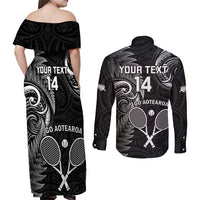 Custom New Zealand Tiki Tennis Couples Matching Off Shoulder Maxi Dress and Long Sleeve Button Shirt 2024 Aotearoa Tenehi Maori Silver Fern - Black LT14 - Polynesian Pride