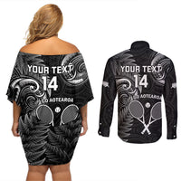 Custom New Zealand Tiki Tennis Couples Matching Off Shoulder Short Dress and Long Sleeve Button Shirt 2024 Aotearoa Tenehi Maori Silver Fern - Black LT14 - Polynesian Pride