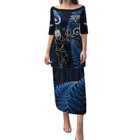 New Zealand Tiki Tennis Family Matching Puletasi and Hawaiian Shirt 2024 Aotearoa Tenehi Maori Silver Fern - Blue LT14 Mom's Dress Blue - Polynesian Pride