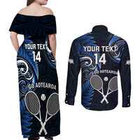 Custom New Zealand Tiki Tennis Couples Matching Off Shoulder Maxi Dress and Long Sleeve Button Shirt 2024 Aotearoa Tenehi Maori Silver Fern - Blue LT14 - Polynesian Pride