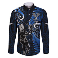 Custom New Zealand Tiki Tennis Family Matching Mermaid Dress and Hawaiian Shirt 2024 Aotearoa Tenehi Maori Silver Fern - Blue LT14 Dad's Shirt - Long Sleeve Blue - Polynesian Pride