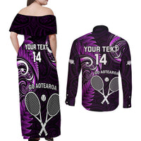 Custom New Zealand Tiki Tennis Couples Matching Off Shoulder Maxi Dress and Long Sleeve Button Shirt 2024 Aotearoa Tenehi Maori Silver Fern - Purple LT14 - Polynesian Pride