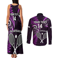 Custom New Zealand Tiki Tennis Couples Matching Tank Maxi Dress and Long Sleeve Button Shirt 2024 Aotearoa Tenehi Maori Silver Fern - Purple LT14 - Polynesian Pride