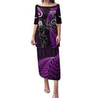 Custom New Zealand Tiki Tennis Family Matching Puletasi and Hawaiian Shirt 2024 Aotearoa Tenehi Maori Silver Fern - Purple LT14 Mom's Dress Purple - Polynesian Pride