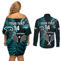 Custom New Zealand Tiki Tennis Couples Matching Off Shoulder Short Dress and Long Sleeve Button Shirt 2024 Aotearoa Tenehi Maori Silver Fern - Turquoise LT14 - Polynesian Pride