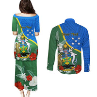 Personalised Halo Olaketa Solomon Islands Couples Matching Puletasi and Long Sleeve Button Shirt Coat Of Arms With Tropical Flowers Flag Style LT14 - Polynesian Pride