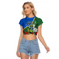Personalised Halo Olaketa Solomon Islands Raglan Cropped T Shirt Coat Of Arms With Tropical Flowers Flag Style LT14 Female Green - Polynesian Pride