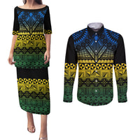 Halo Olaketa Solomon Islands Couples Matching Puletasi and Long Sleeve Button Shirt Melanesian Tribal Pattern Gradient Version LT14 Black - Polynesian Pride