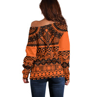 Halo Olaketa Solomon Islands Off Shoulder Sweater Melanesian Tribal Pattern Orange Version LT14 - Polynesian Pride